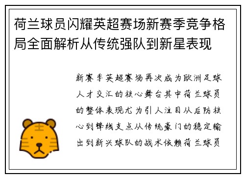 荷兰球员闪耀英超赛场新赛季竞争格局全面解析从传统强队到新星表现 荷兰球员闪耀英超赛场新赛季竞争格局全面解析从传统强队到新星表现